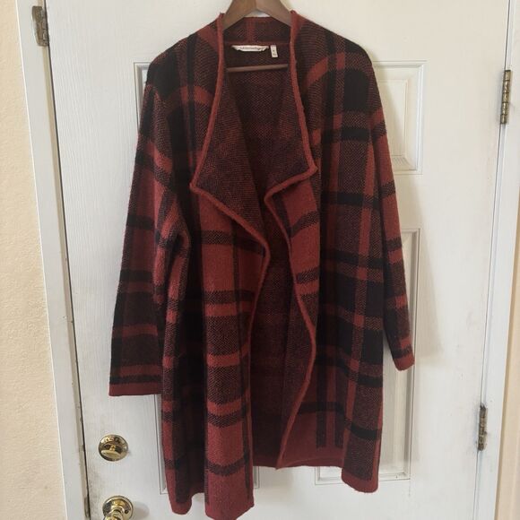 Soft Surroundings Open Cardigan XL Red Long Plaid Alpaca Wool Fall Boho Western - Picture 2 of 10